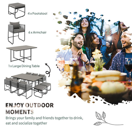 10 Seater Rattan Cube Garden Dining Set with Cushions, 6 Armchairs & 4 Stools, Rectangular Wood Grain Table - Grey