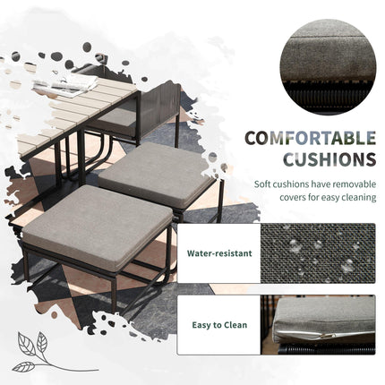 10 Seater Rattan Cube Garden Dining Set with Cushions, 6 Armchairs & 4 Stools, Rectangular Wood Grain Table - Grey