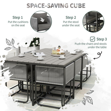 10 Seater Rattan Cube Garden Dining Set with Cushions, 6 Armchairs & 4 Stools, Rectangular Wood Grain Table - Grey