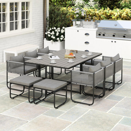 10 Seater Rattan Cube Garden Dining Set with Cushions, 6 Armchairs & 4 Stools, Rectangular Wood Grain Table - Grey