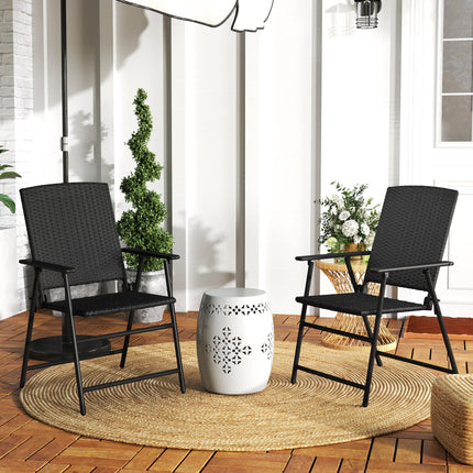 Set of 2 Folding Rattan Seat Chairs with Steel Frame - Black