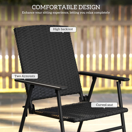 Set of 2 Folding Rattan Seat Chairs with Steel Frame - Black