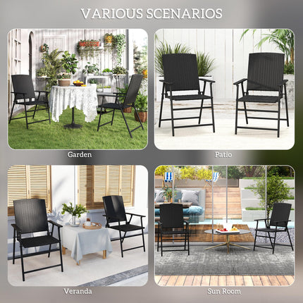 Set of 2 Folding Rattan Seat Chairs with Steel Frame - Black