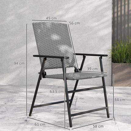 Set of Two Folding Rattan Outdoor Chairs with Steel Frame - Grey