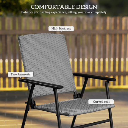 Set of Two Folding Rattan Outdoor Chairs with Steel Frame - Grey