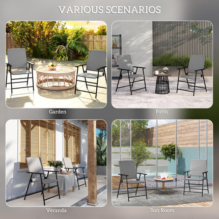 Set of Two Folding Rattan Outdoor Chairs with Steel Frame - Grey
