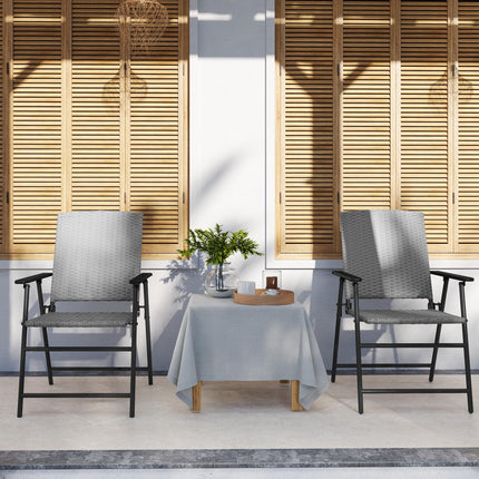 Set of Two Folding Rattan Outdoor Chairs with Steel Frame - Grey