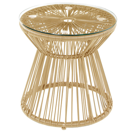 Round Rattan Side Table with Glass Top Hollow Drum Design - Natural
