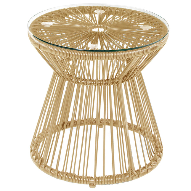 Round Rattan Side Table with Glass Top Hollow Drum Design - Natural