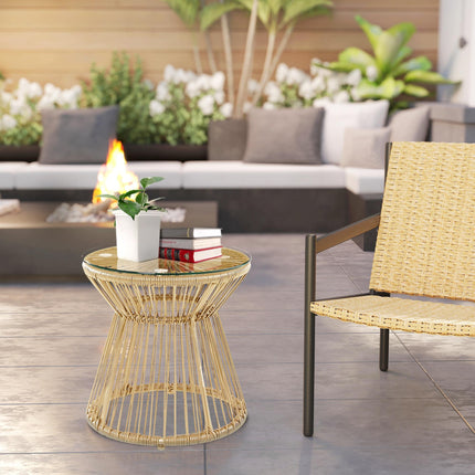 Round Rattan Side Table with Glass Top Hollow Drum Design - Natural