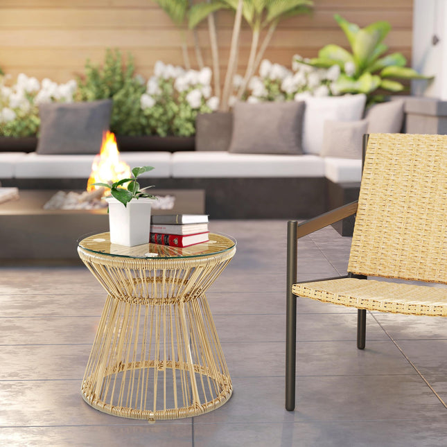 Round Rattan Side Table with Glass Top Hollow Drum Design - Natural