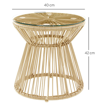 Round Rattan Side Table with Glass Top Hollow Drum Design - Natural