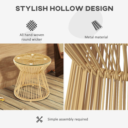 Round Rattan Side Table with Glass Top Hollow Drum Design - Natural