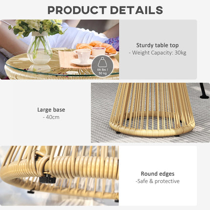 Round Rattan Side Table with Glass Top Hollow Drum Design - Natural