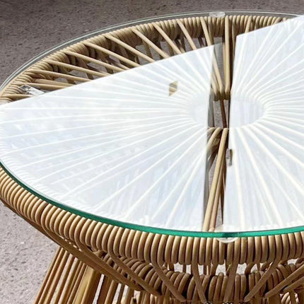 Round Rattan Side Table with Glass Top Hollow Drum Design - Natural