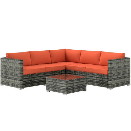 Four-Piece Rattan Outdoor Sofa Set with Cushions and Glass Tabletop - Orange/Grey