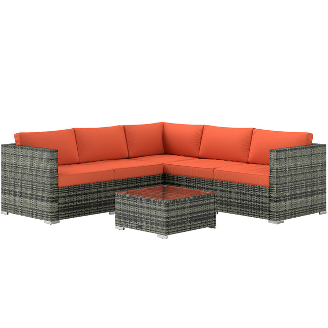 Four-Piece Rattan Outdoor Sofa Set with Cushions and Glass Tabletop - Orange/Grey