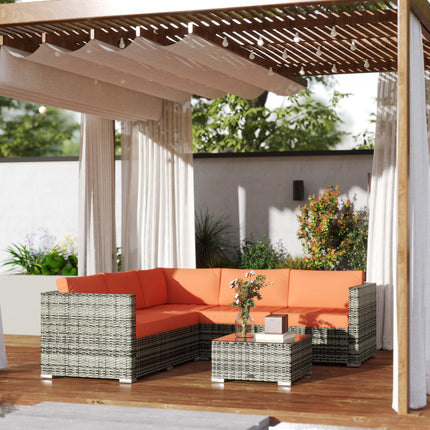 Four-Piece Rattan Outdoor Sofa Set with Cushions and Glass Tabletop - Orange/Grey