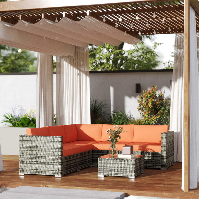 Four-Piece Rattan Outdoor Sofa Set with Cushions and Glass Tabletop - Orange/Grey