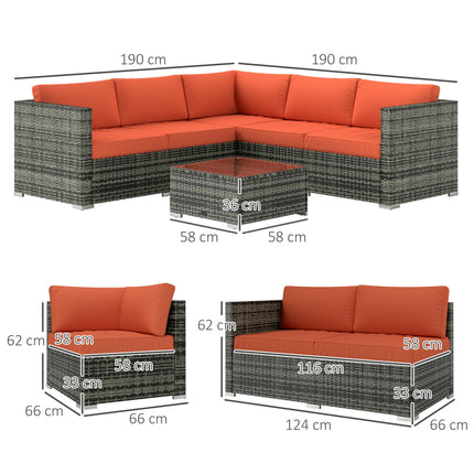 Four-Piece Rattan Outdoor Sofa Set with Cushions and Glass Tabletop - Orange/Grey