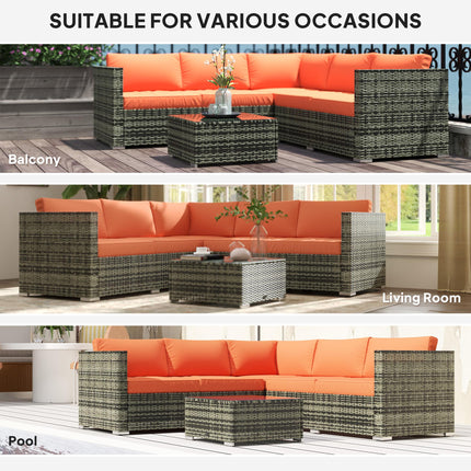 Four-Piece Rattan Outdoor Sofa Set with Cushions and Glass Tabletop - Orange/Grey