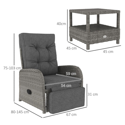 2 Seater Patio Rattan Wicker Chaise Lounge Sofa Set with Cushions and Coffee Table - Grey