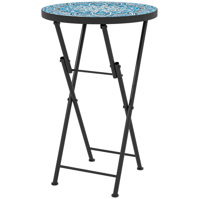 Mosaic Outdoor Garden Table, 35.5cm Round Folding Coffee Table with Metal Frame for Balcony Terrace, Blue