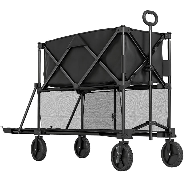 Double Decker Folding Festival Trolley on Wheels, 200KG & 350L Capacity Collapsible Wagon Festival Trolley Cart with 134cm Extended for Camping Sports Shopping Garden and Beach, Black