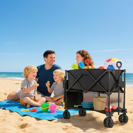 Double Decker Folding Festival Trolley on Wheels, 200KG & 350L Capacity Collapsible Wagon Festival Trolley Cart with 134cm Extended for Camping Sports Shopping Garden and Beach, Black