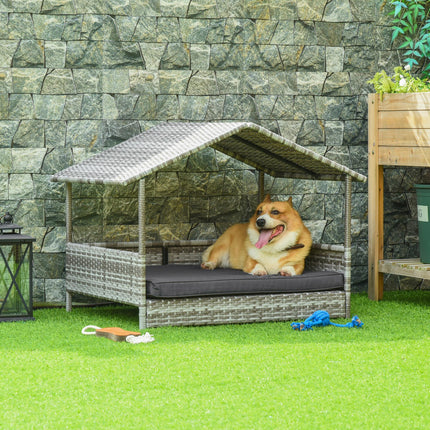 Wicker Dog House with Canopy and Removable Cushion for Small & Medium Dogs - Dark Grey