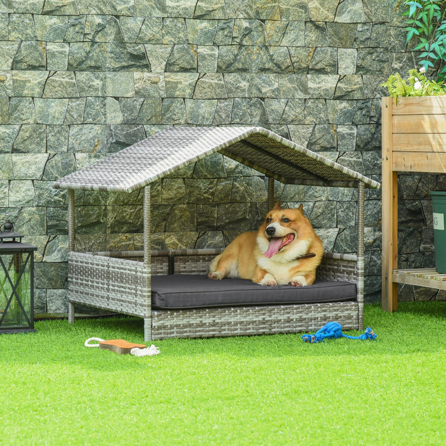 Wicker Dog House with Canopy and Removable Cushion for Small & Medium Dogs - Dark Grey