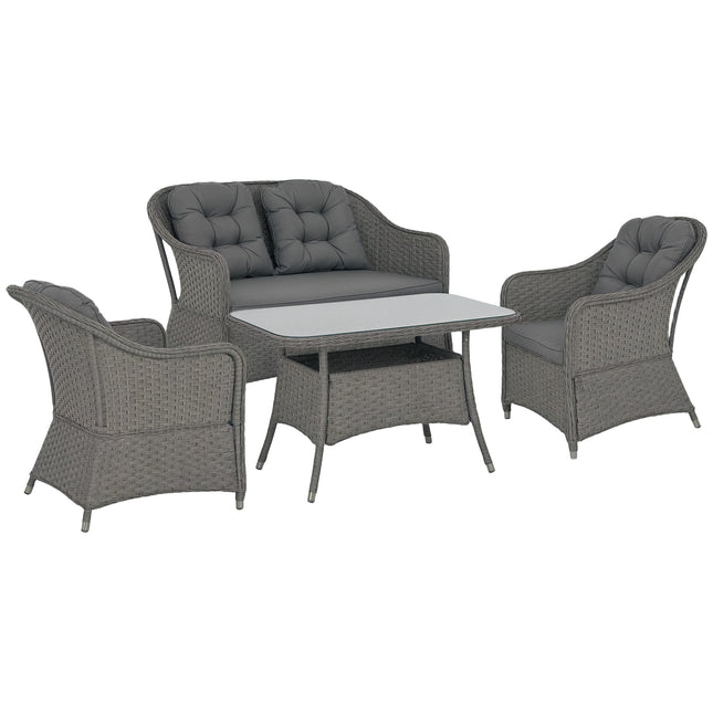 4 Piece Aluminium Frame Rattan Garden Set with Glass-Top Table - Light Grey