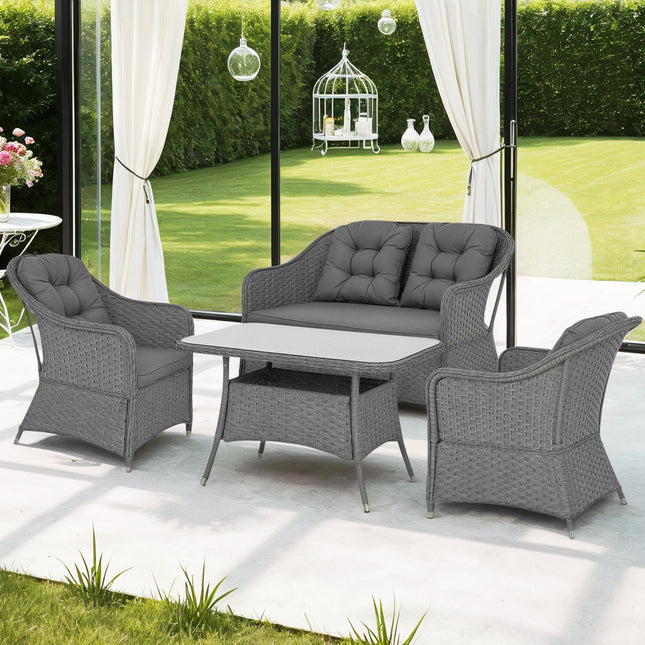 4 Piece Aluminium Frame Rattan Garden Set with Glass-Top Table - Light Grey