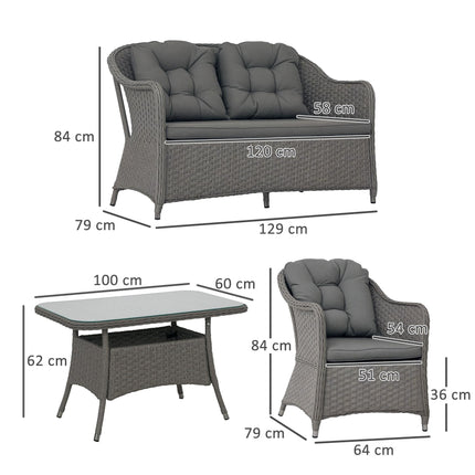 4 Piece Aluminium Frame Rattan Garden Set with Glass-Top Table - Light Grey