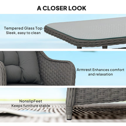 4 Piece Aluminium Frame Rattan Garden Set with Glass-Top Table - Light Grey