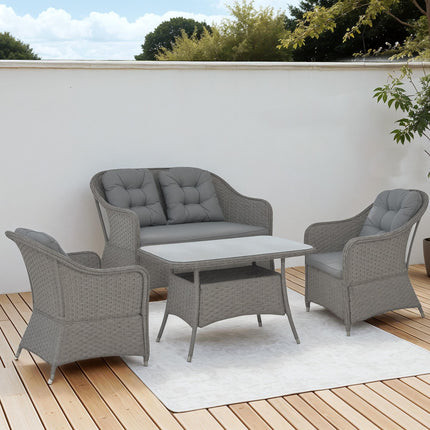 4 Piece Aluminium Frame Rattan Garden Set with Glass-Top Table - Light Grey