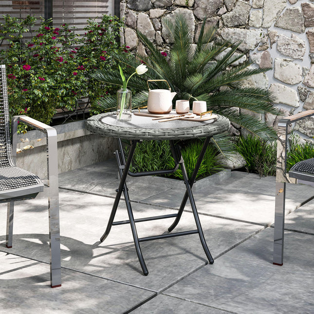 Folding Rattan Garden Dining Table, 68 cm Round Rattan Garden Table with Water R