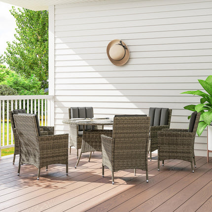 Seven-Piece Rattan Dining Table, with Round Glass-Top Table - Light Grey