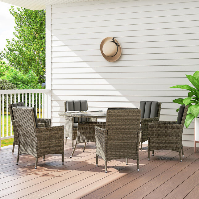 Seven-Piece Rattan Dining Table, with Round Glass-Top Table - Light Grey