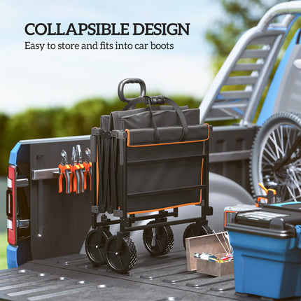 160L Festival Trolley on Wheels, Folding Camping Trolley Cart w/ Tailgate, 100kg Heavy Duty Garden Collapsible Folding Wagon w/Adjustable Handle, Carry Bag for Beach Picnic, Black and Orange