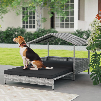 Extendable Elevated Rattan Dog Bed with Water-Resistant Roof and Removable Cushion - Charcoal Grey