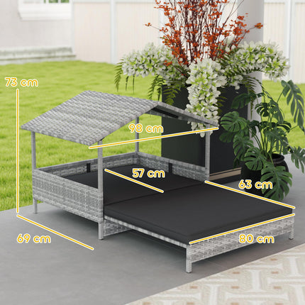 Extendable Elevated Rattan Dog Bed with Water-Resistant Roof and Removable Cushion - Charcoal Grey