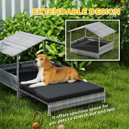 Extendable Elevated Rattan Dog Bed with Water-Resistant Roof and Removable Cushion - Charcoal Grey