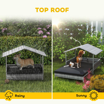 Extendable Elevated Rattan Dog Bed with Water-Resistant Roof and Removable Cushion - Charcoal Grey