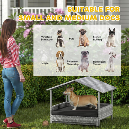 Extendable Elevated Rattan Dog Bed with Water-Resistant Roof and Removable Cushion - Charcoal Grey