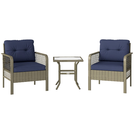 3 Pieces Rattan Bistro Set with Glass Top Coffee Table, Chairs and Cushions for