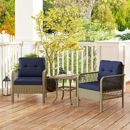 3 Pieces Rattan Bistro Set with Glass Top Coffee Table, Chairs and Cushions for