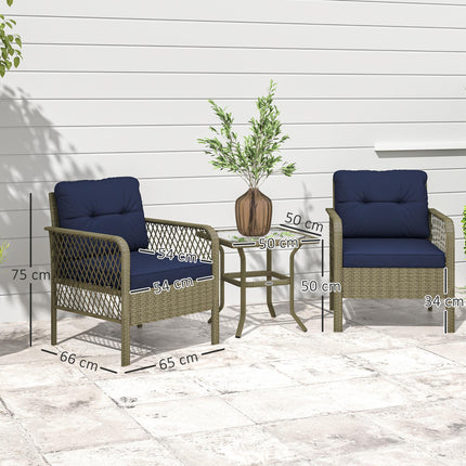 3 Pieces Rattan Bistro Set with Glass Top Coffee Table, Chairs and Cushions for