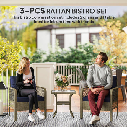3 Pieces Rattan Bistro Set with Glass Top Coffee Table, Chairs and Cushions for