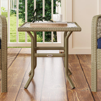 3 Pieces Rattan Bistro Set with Glass Top Coffee Table, Chairs and Cushions for